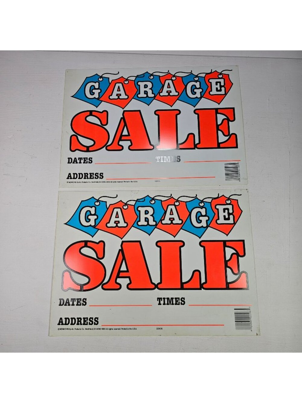 Lot of 2 Vintage Garage Sale Signs 1998 Hy-Ko Products White Plastic Orange Blue